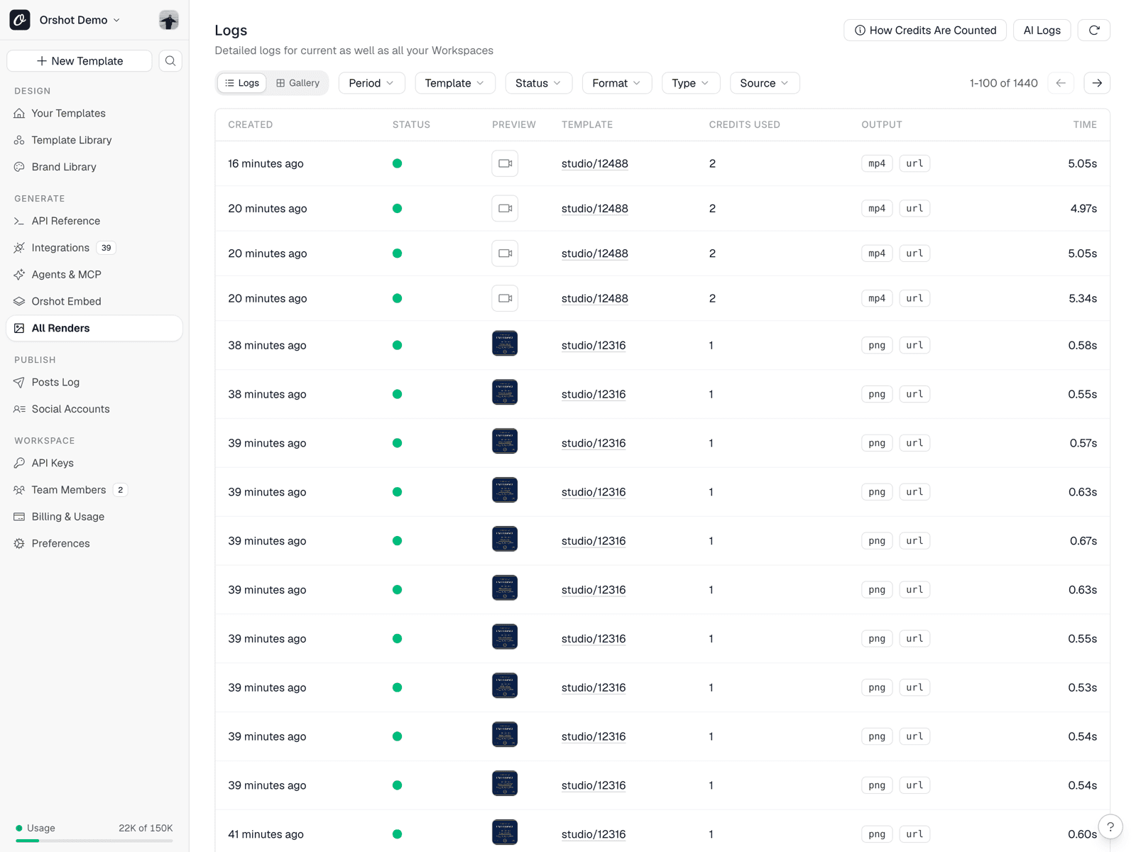 Orshot render logs in list view — status, template, output format and render time for every automated render