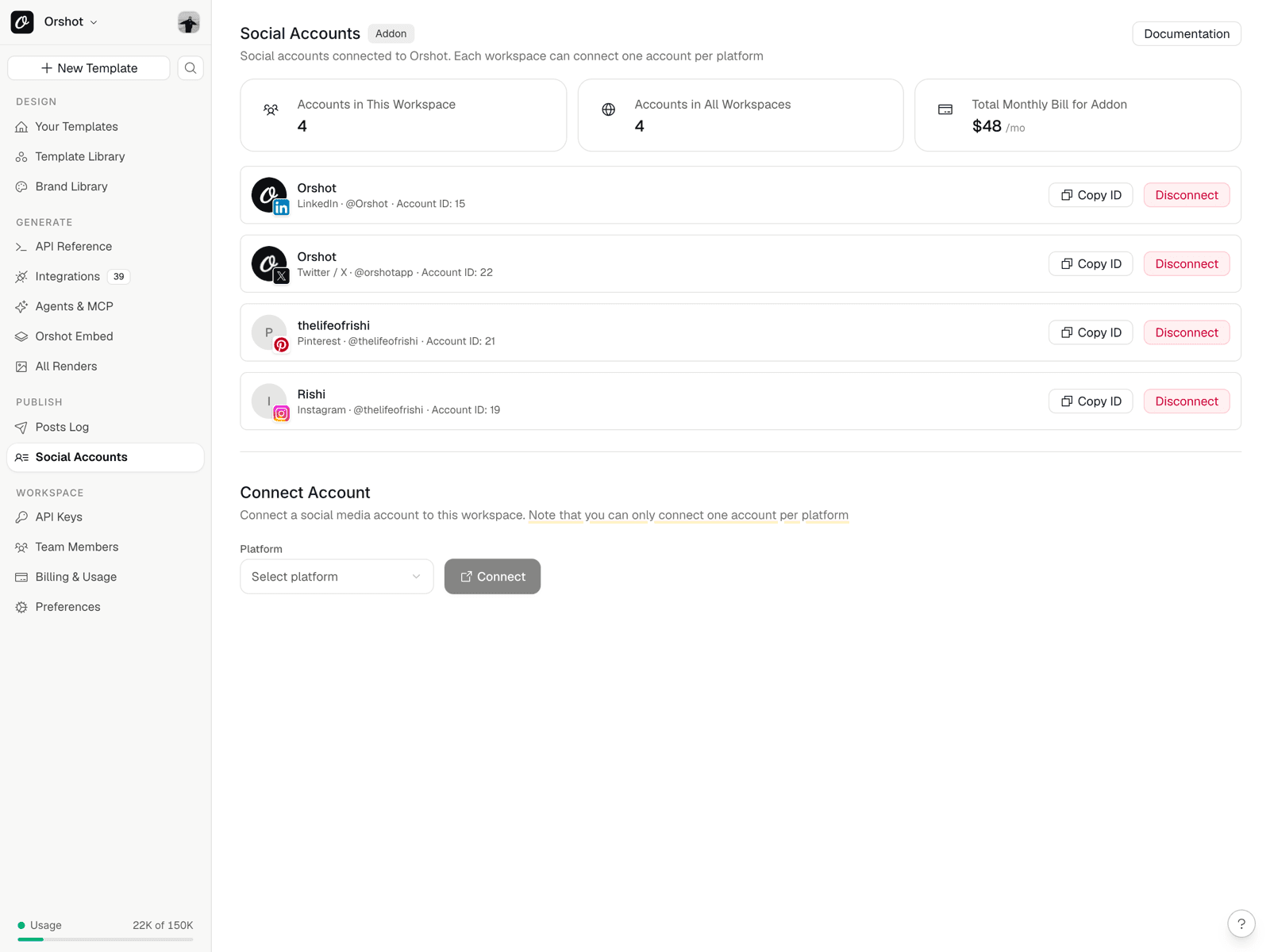 Connected social accounts in Orshot — LinkedIn, X, Pinterest and Instagram ready for auto-publishing