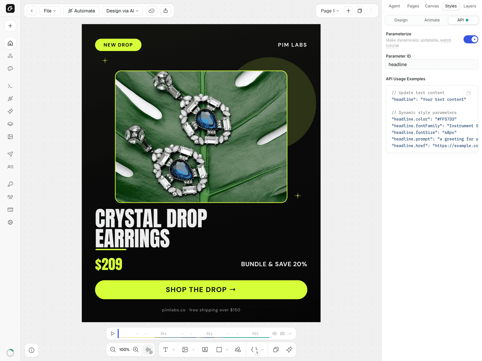 An imported product card in Orshot Studio with a layer marked dynamic and API usage examples