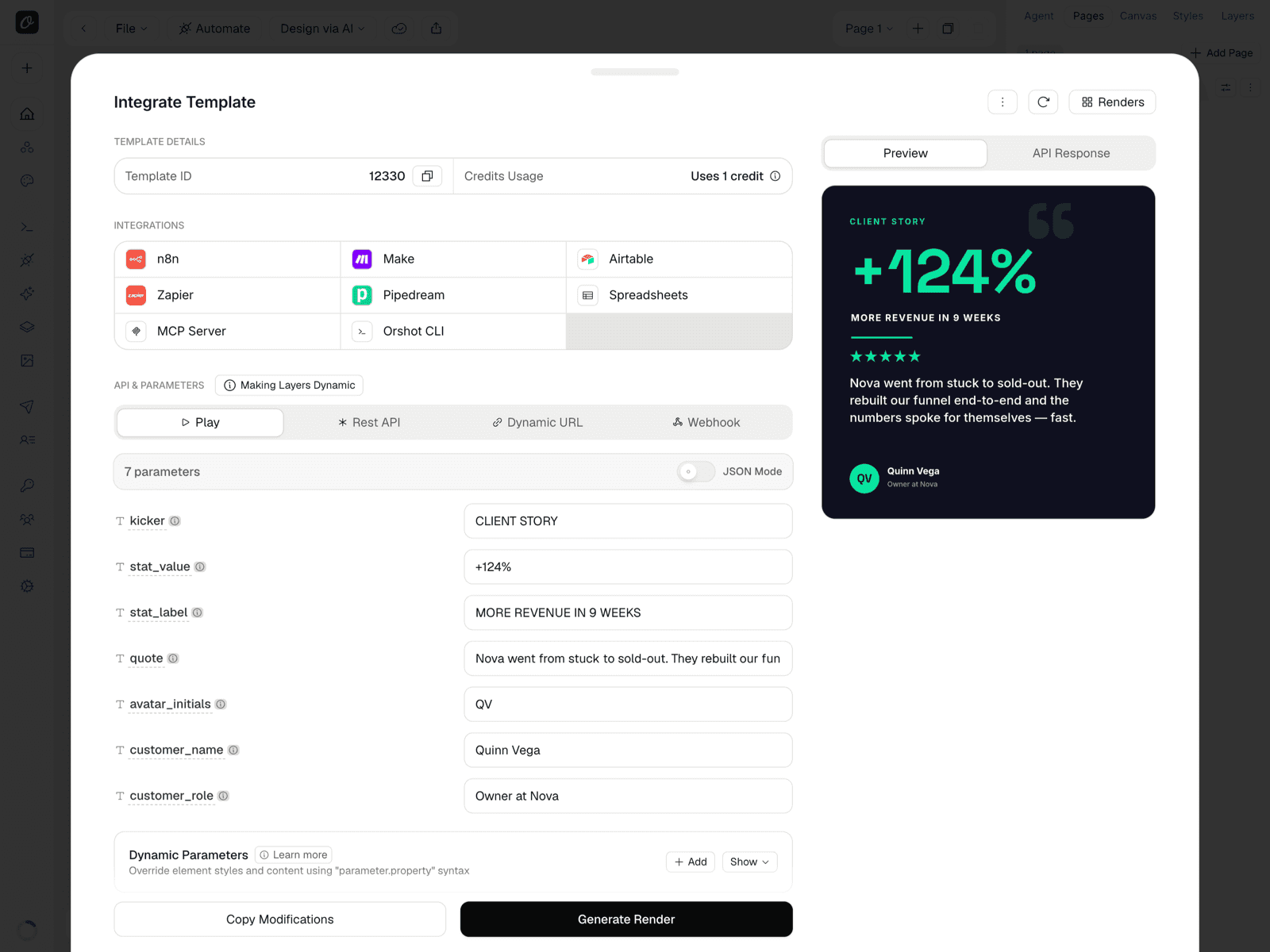 Orshot's Integrate Template modal — parameters, integrations and live preview in the editor