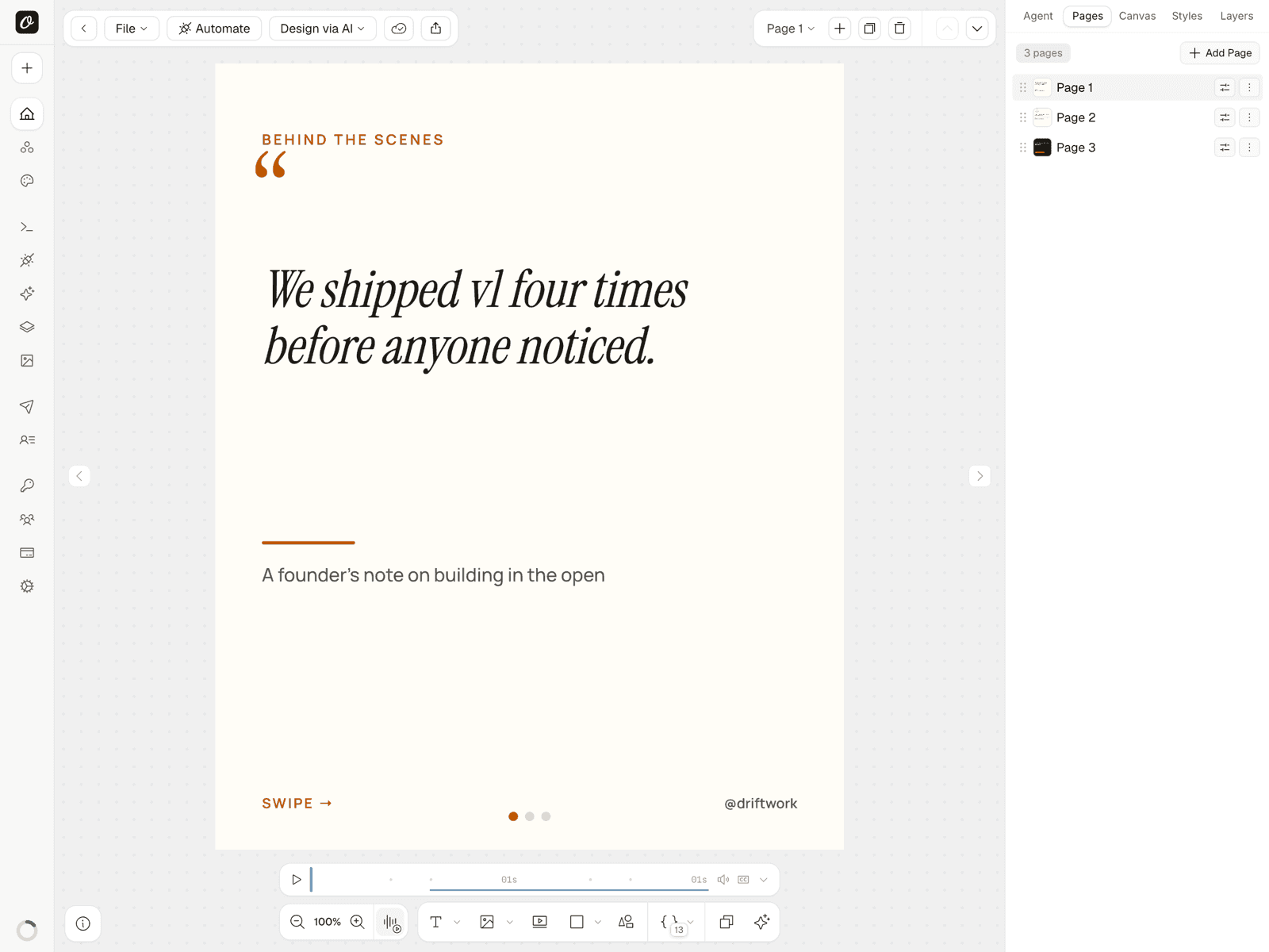 A multi-page carousel template in Orshot Studio with the pages panel open