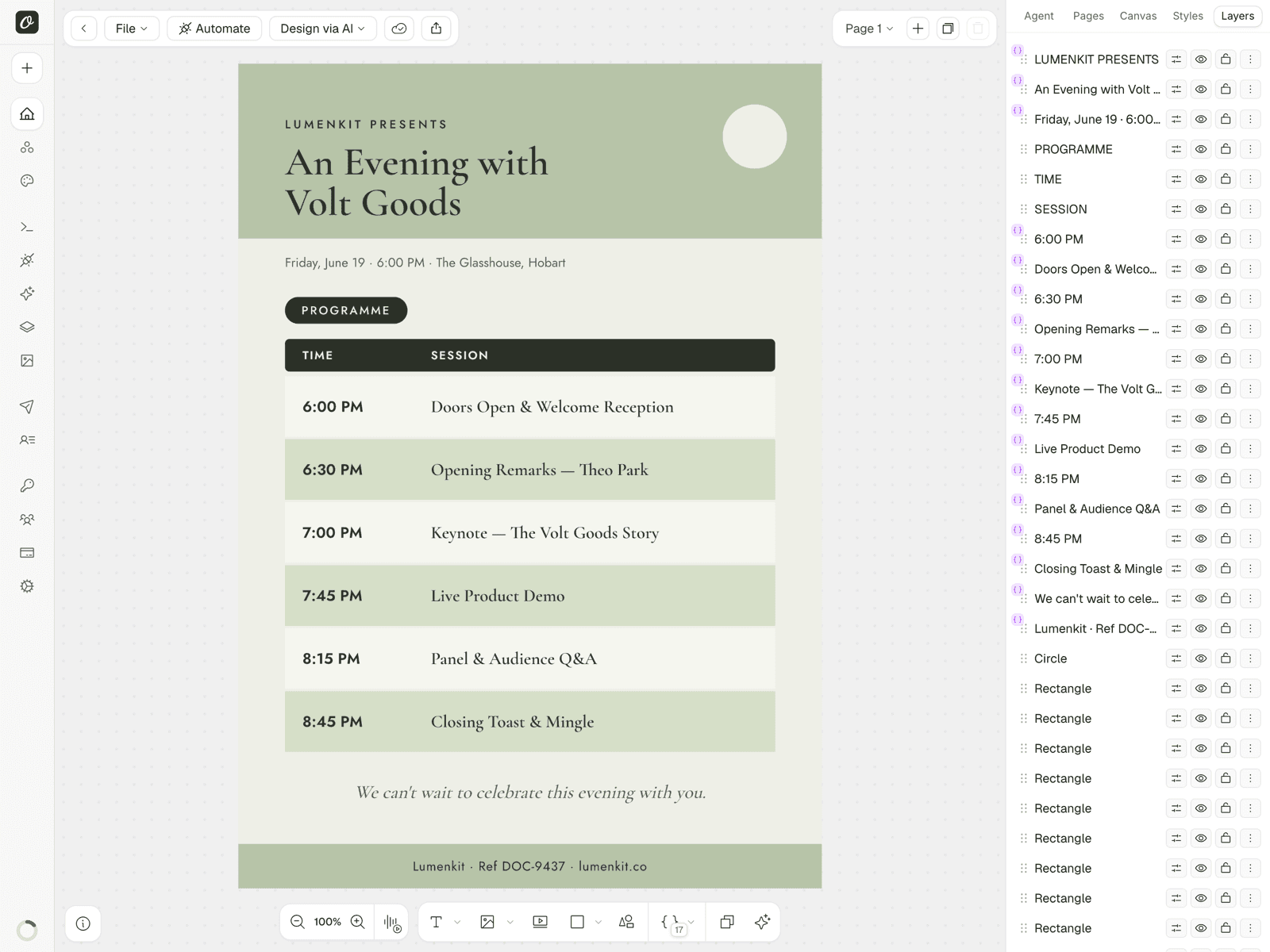 An A4 event program document being designed in Orshot Studio with the layers panel open