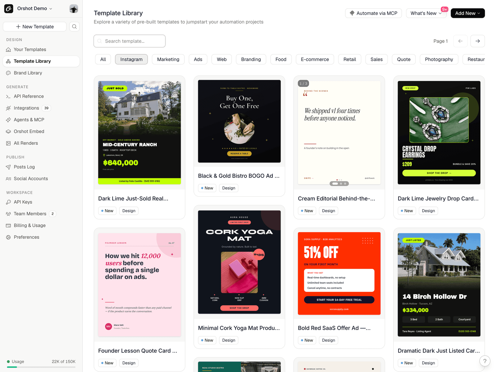 Orshot template library filtered to Instagram templates — poll posts, product cards, quote cards