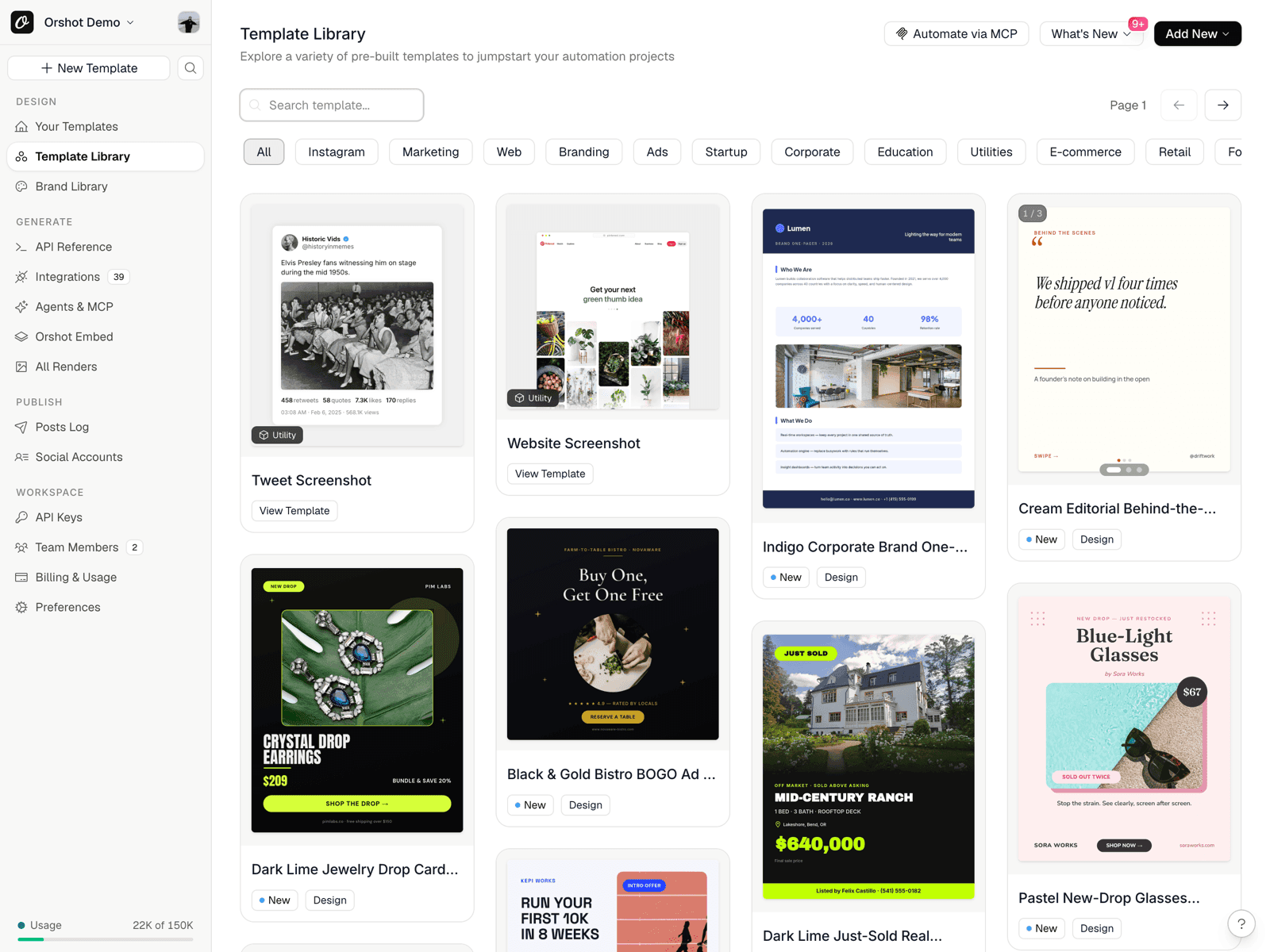 Orshot template library — pre-built parameterized templates by category