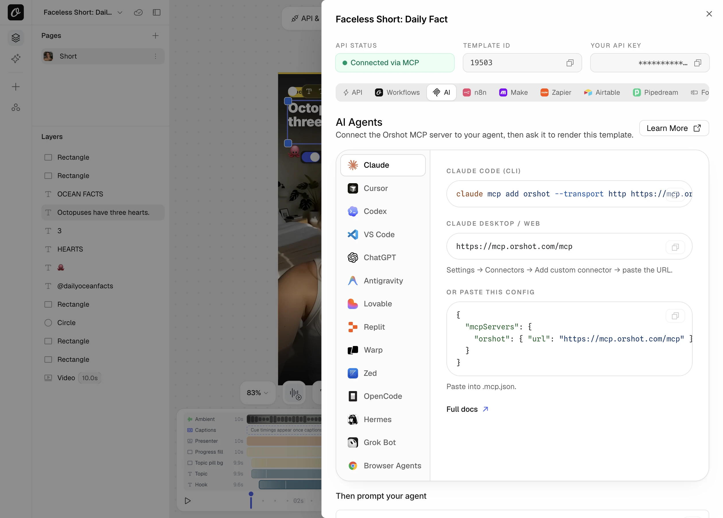 The AI Agents tab for a video template, with setup for Claude, Cursor, Codex, VS Code and ChatGPT