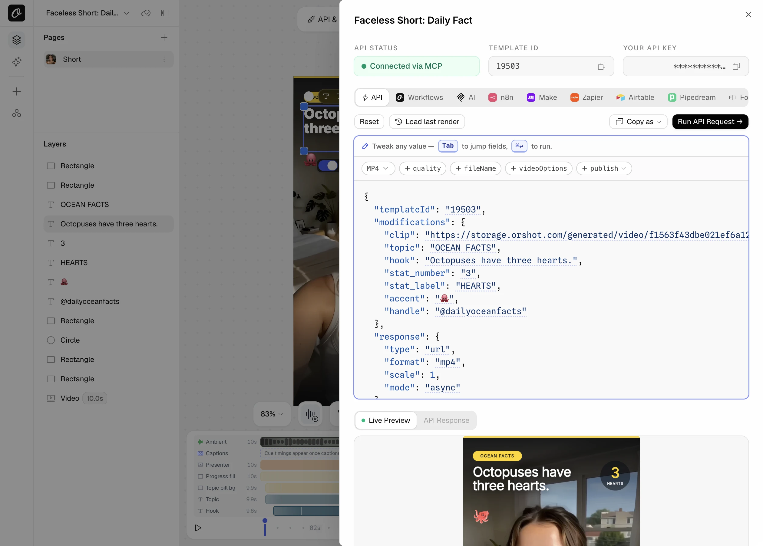 The API panel for a video template with the request set to MP4