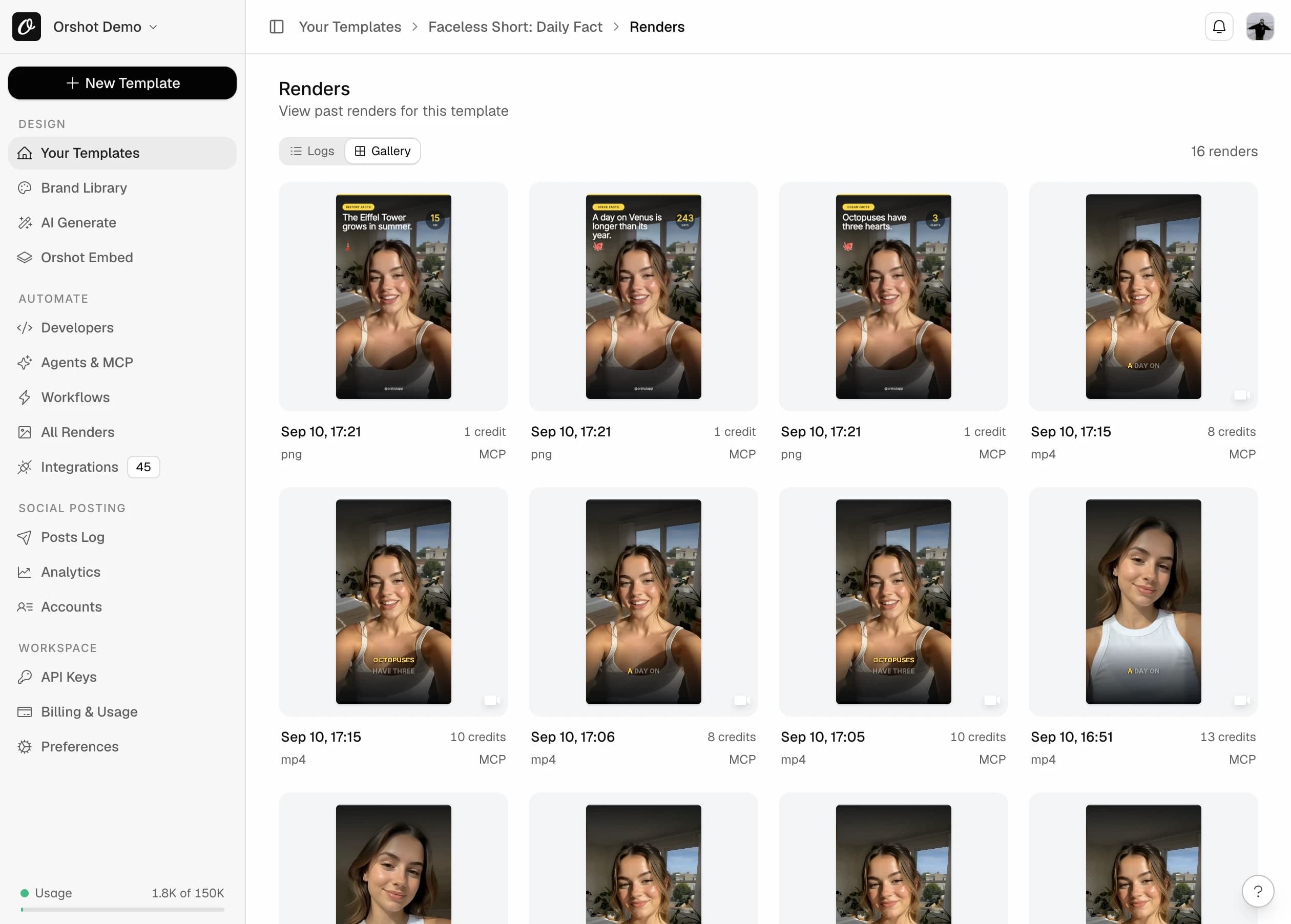 The renders view listing generated videos with previews