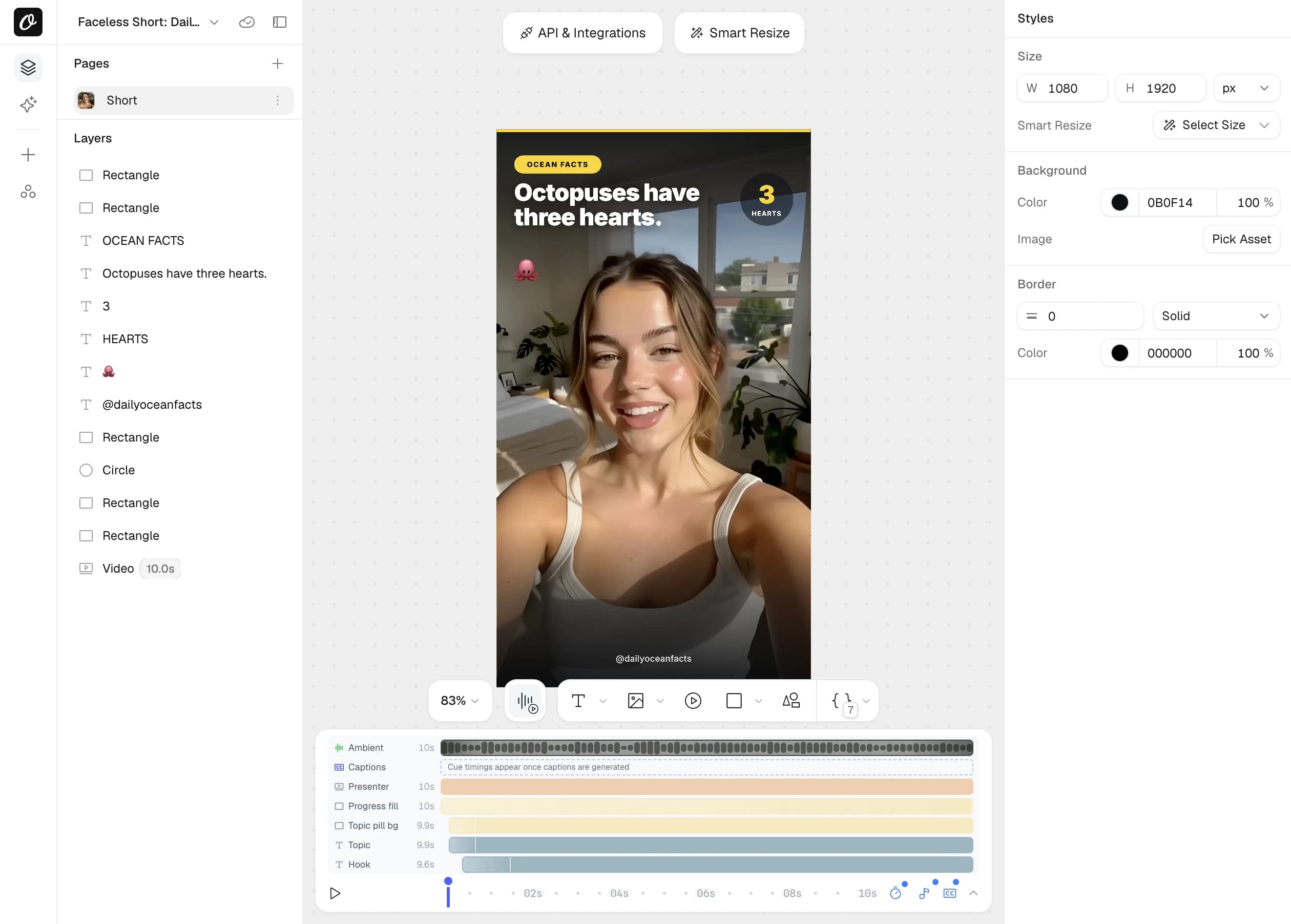 A video template open in Orshot Studio with the animation timeline at the bottom