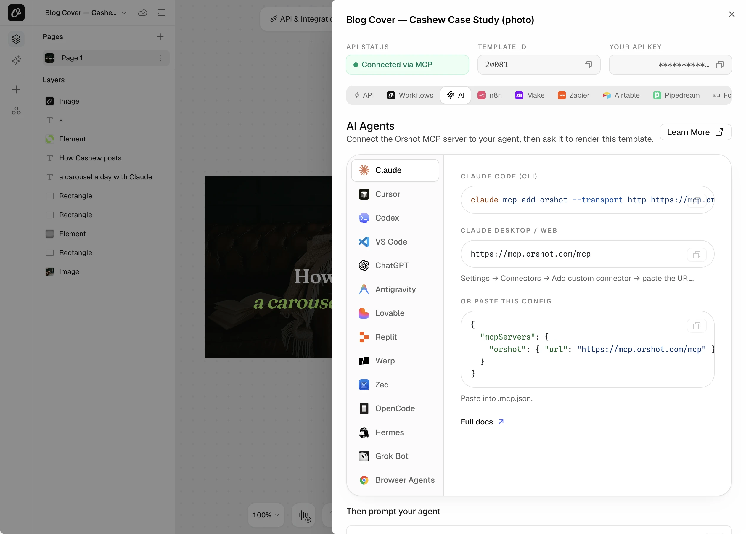 The AI Agents tab with setup for Claude, Cursor, Codex, VS Code and ChatGPT