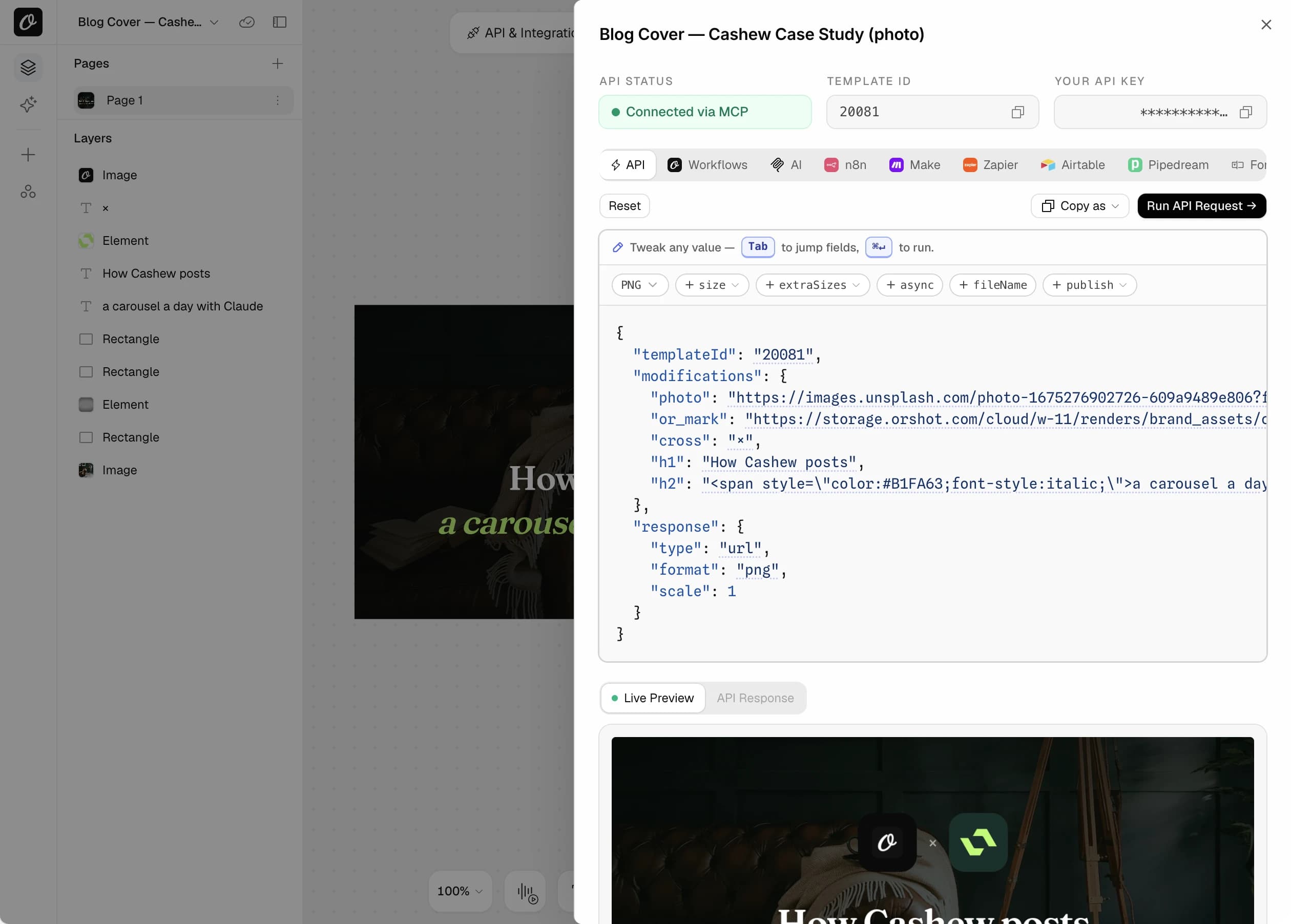 The connect sheet for a blog cover template, with the API request and tabs for Workflows, n8n, Make and Zapier