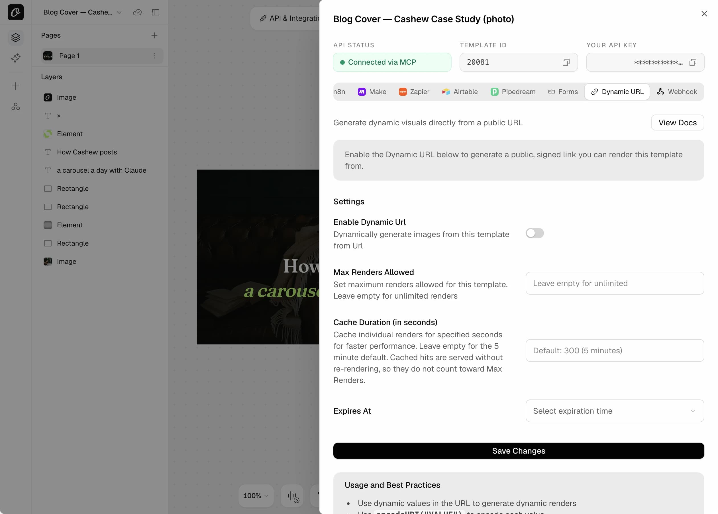 Dynamic URL settings for a template: enable switch, max renders, cache duration and expiry
