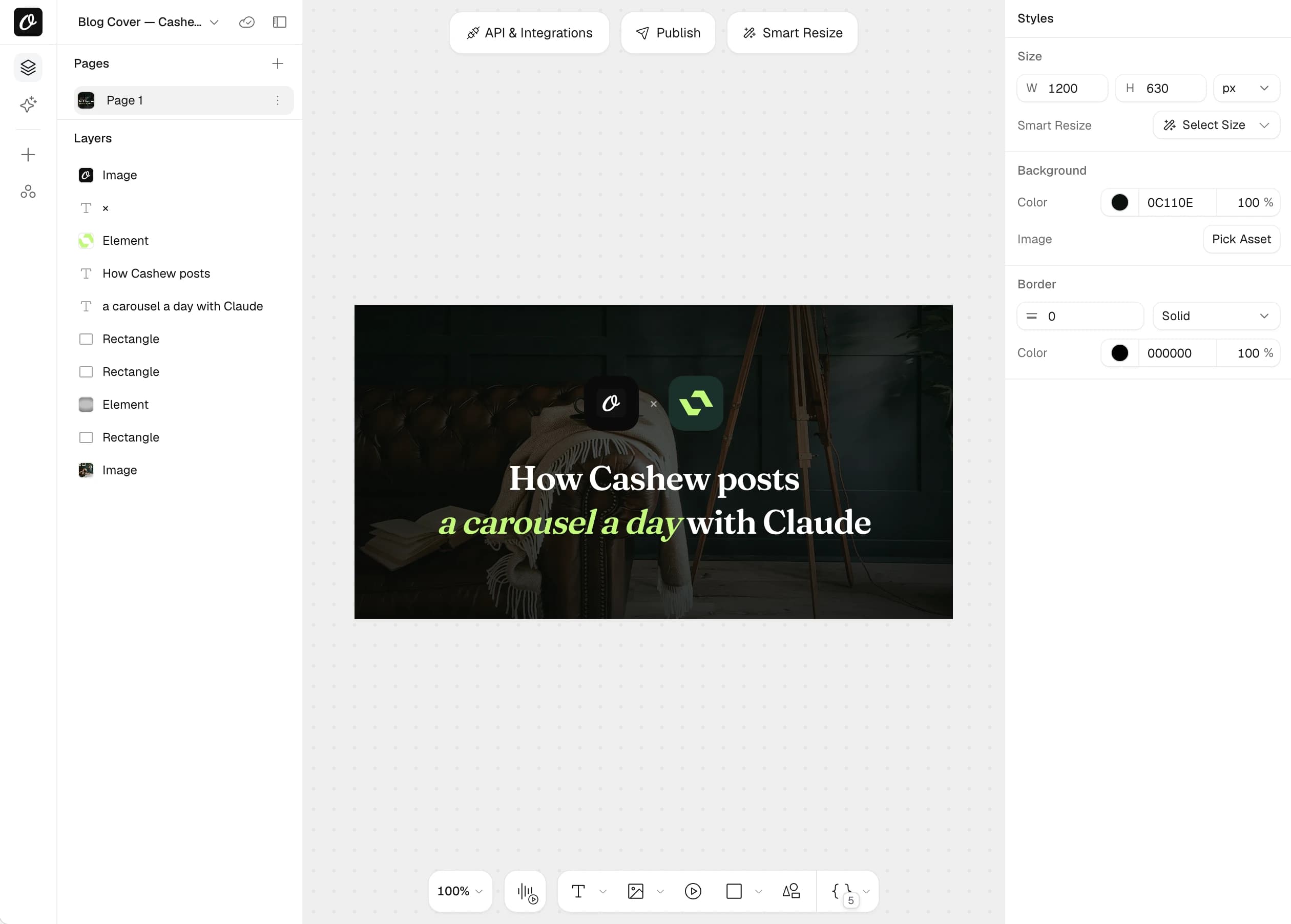 A 1200 by 630 blog cover template open in Orshot Studio, with the post title as an editable layer