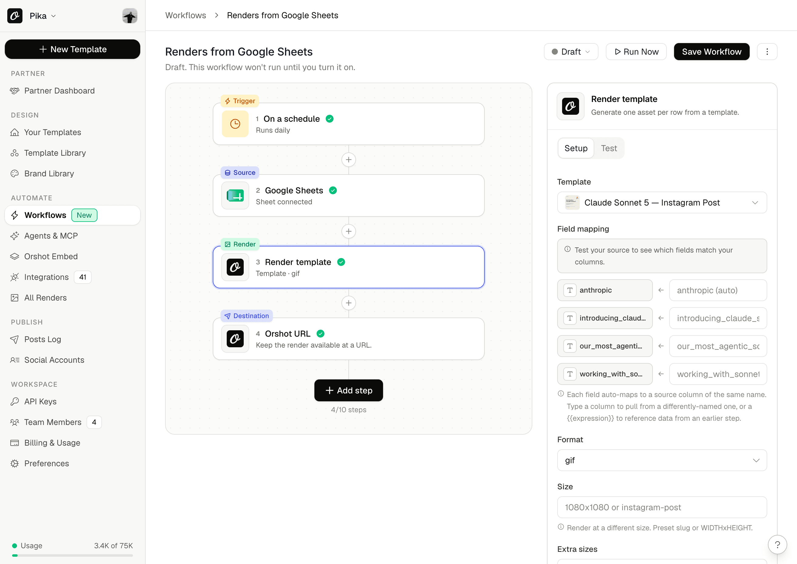 The Orshot workflow builder showing a schedule trigger, a Google Sheets source, a render step, and an Orshot URL destination, with the render template settings open