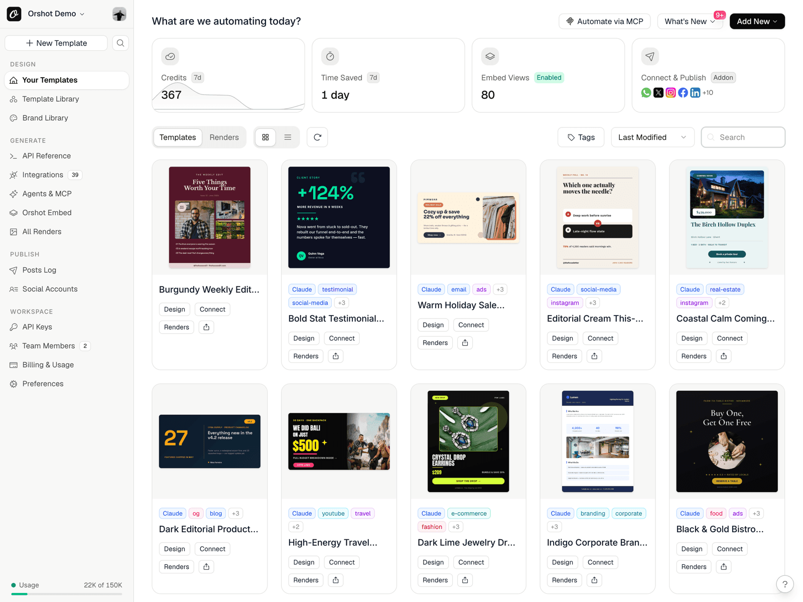 Orshot agency workspace dashboard for AI-driven marketing automation across clients