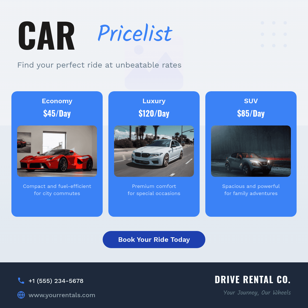 Blue Rounded Card Car Rental template in Orshot