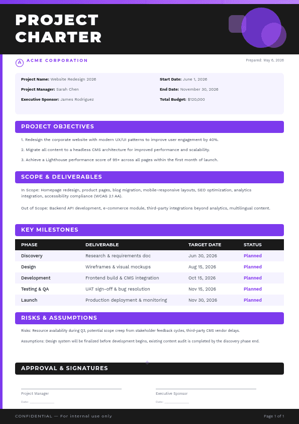 Bold Project Charter with template in Orshot