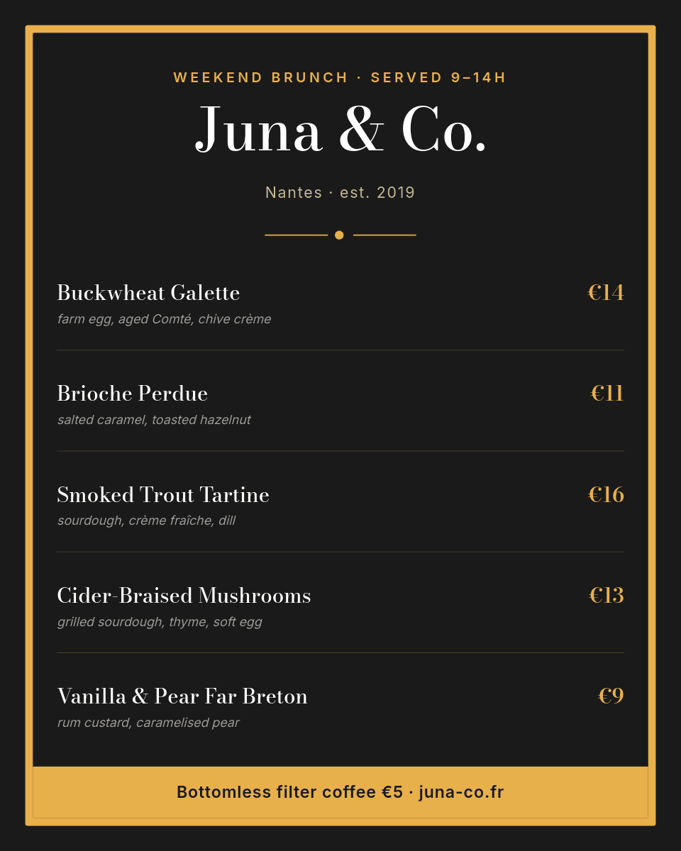 Elegant Dark Brunch Menu template in Orshot