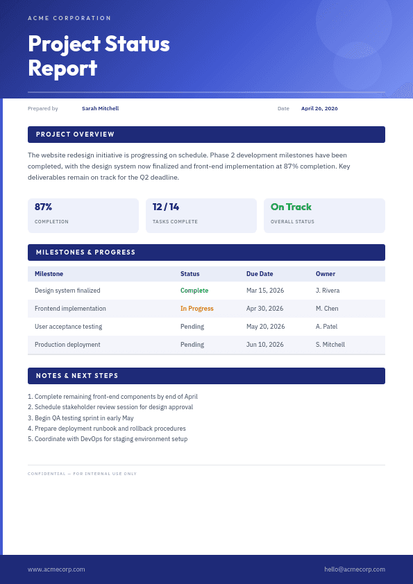 Project Status Report template in Orshot