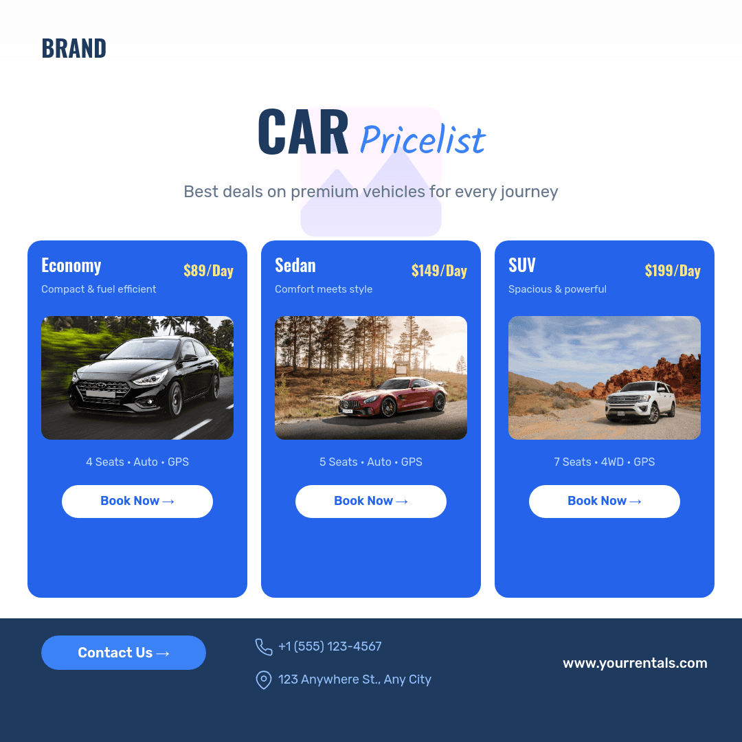 Blue Car Rental Price List template in Orshot