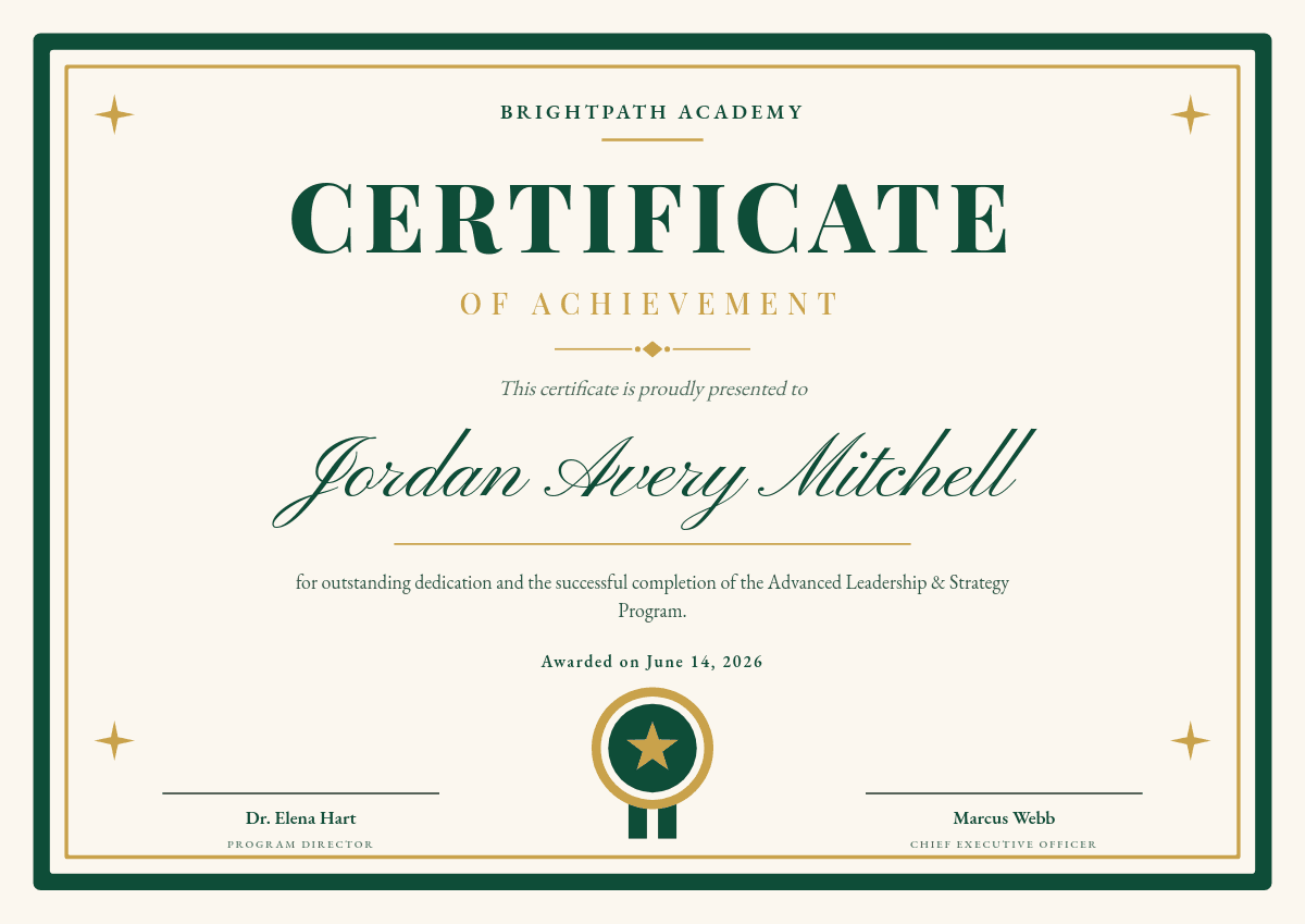 Emerald & Gold Certificate template in Orshot
