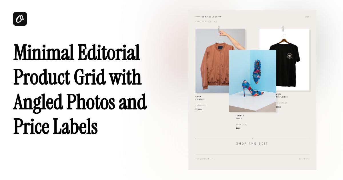 Minimal Editorial Product Grid with Angled Photos and Price Labels — Orshot