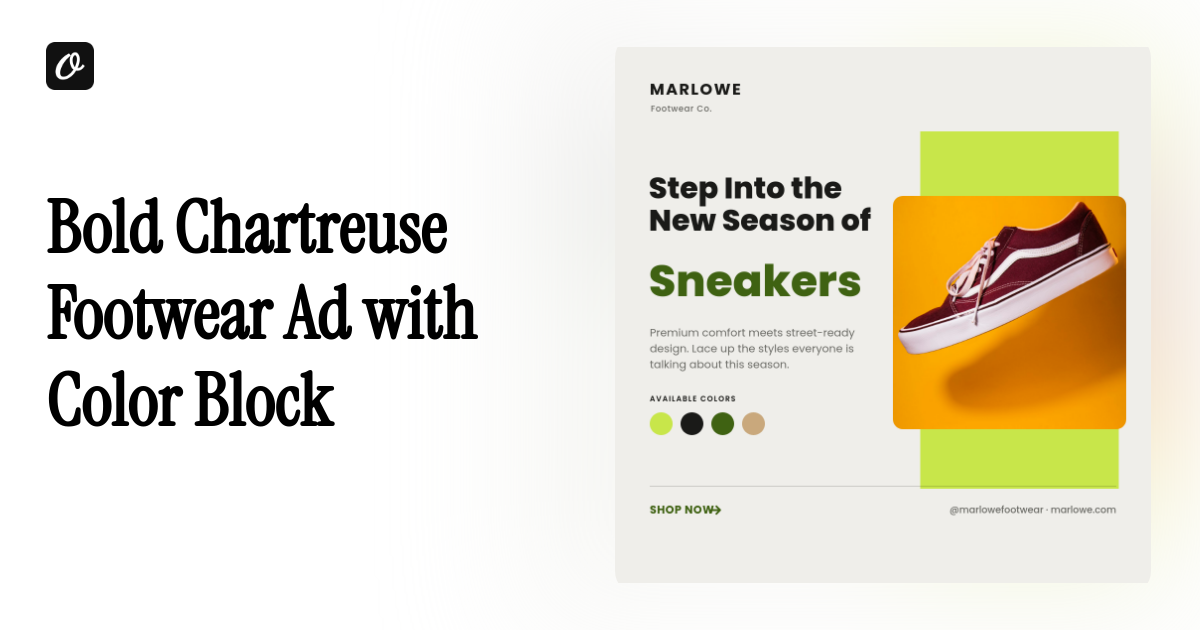 Bold Chartreuse Footwear Ad with Color Block &amp; Swatches — Orshot
