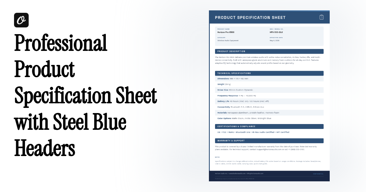 Professional Product Specification Sheet with Steel Blue Headers — Orshot