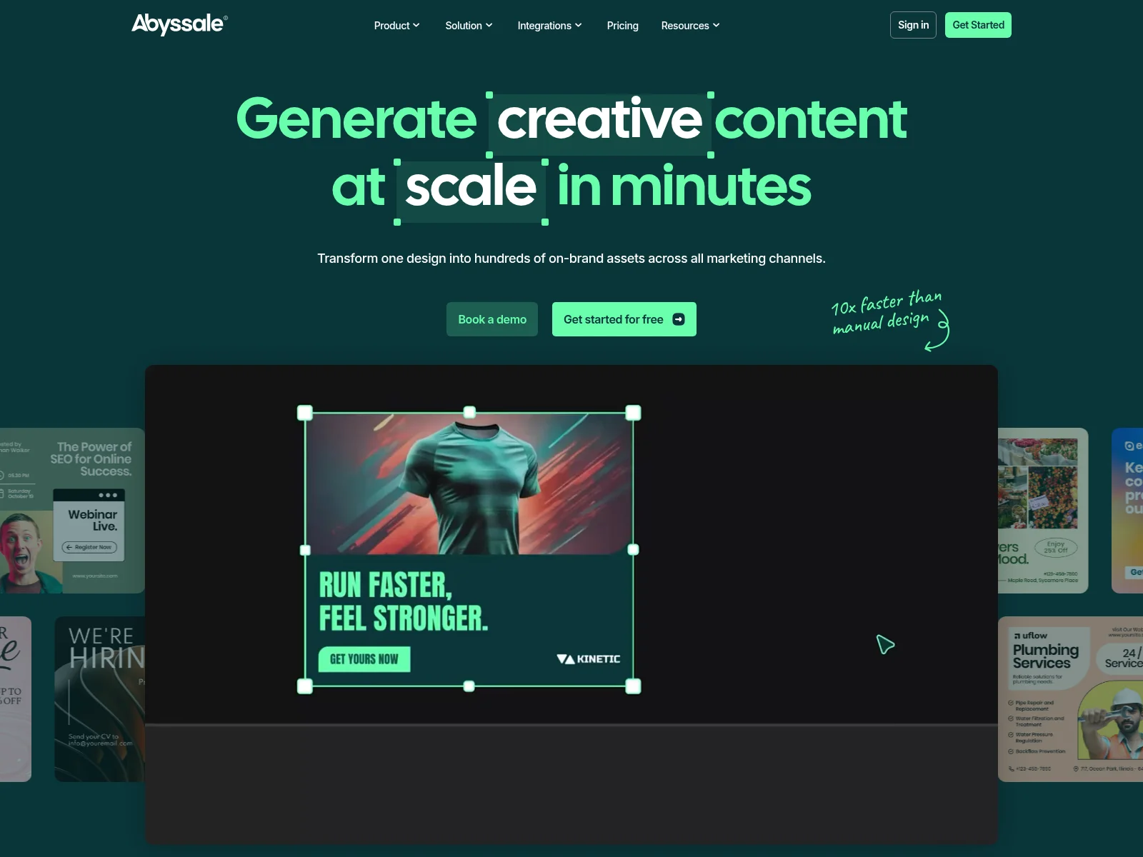 The Abyssale homepage with the headline Generate creative content at scale in minutes and a preview of its design editor