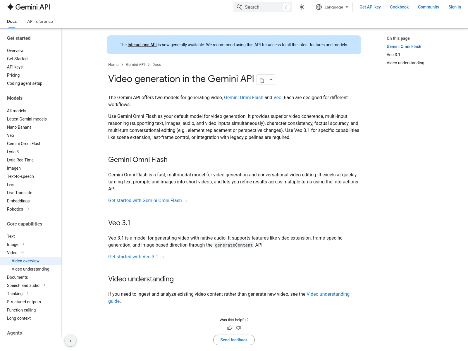 Video generation in the Gemini API documentation showing Gemini Omni Flash and Veo 3.1