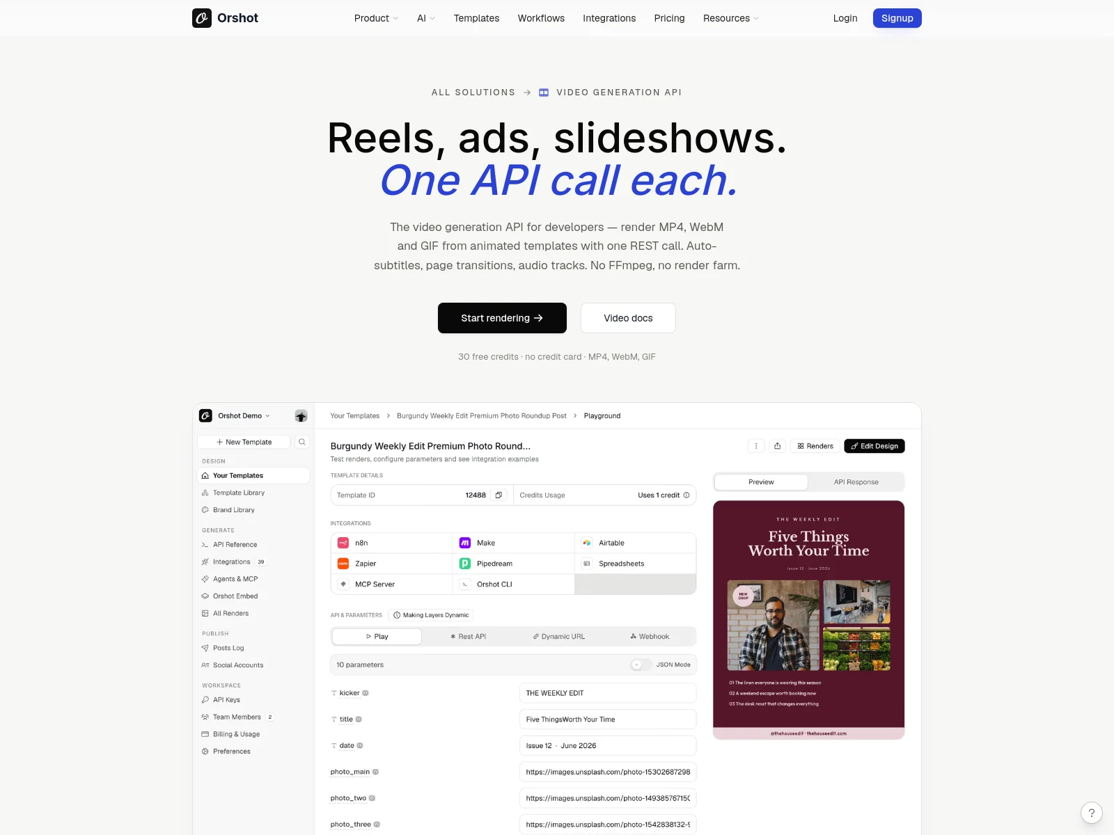 Orshot video generation API landing page showing template rendering to MP4, WebM and GIF