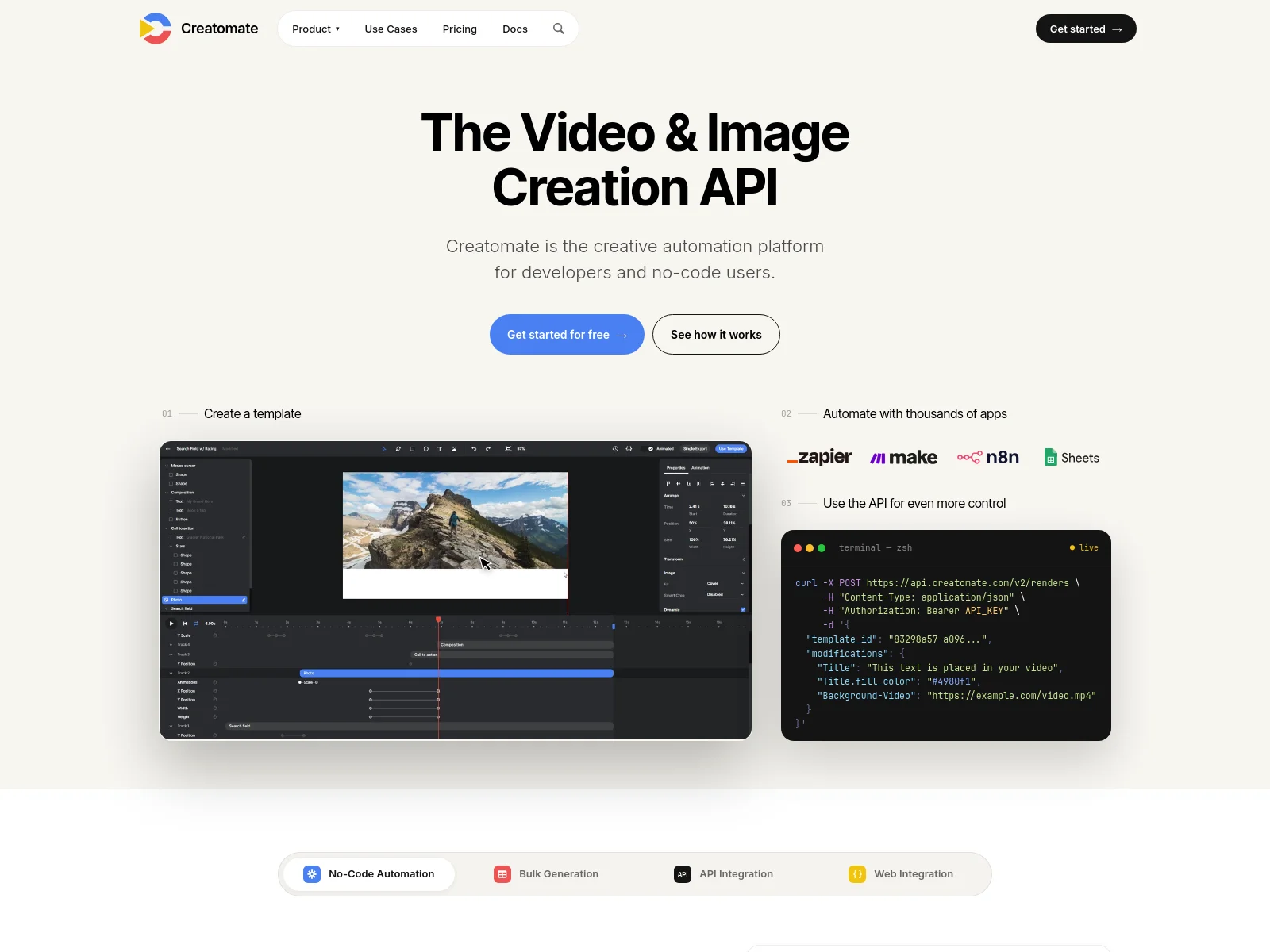 Creatomate homepage showing its video and image creation API with Zapier, Make and n8n integrations
