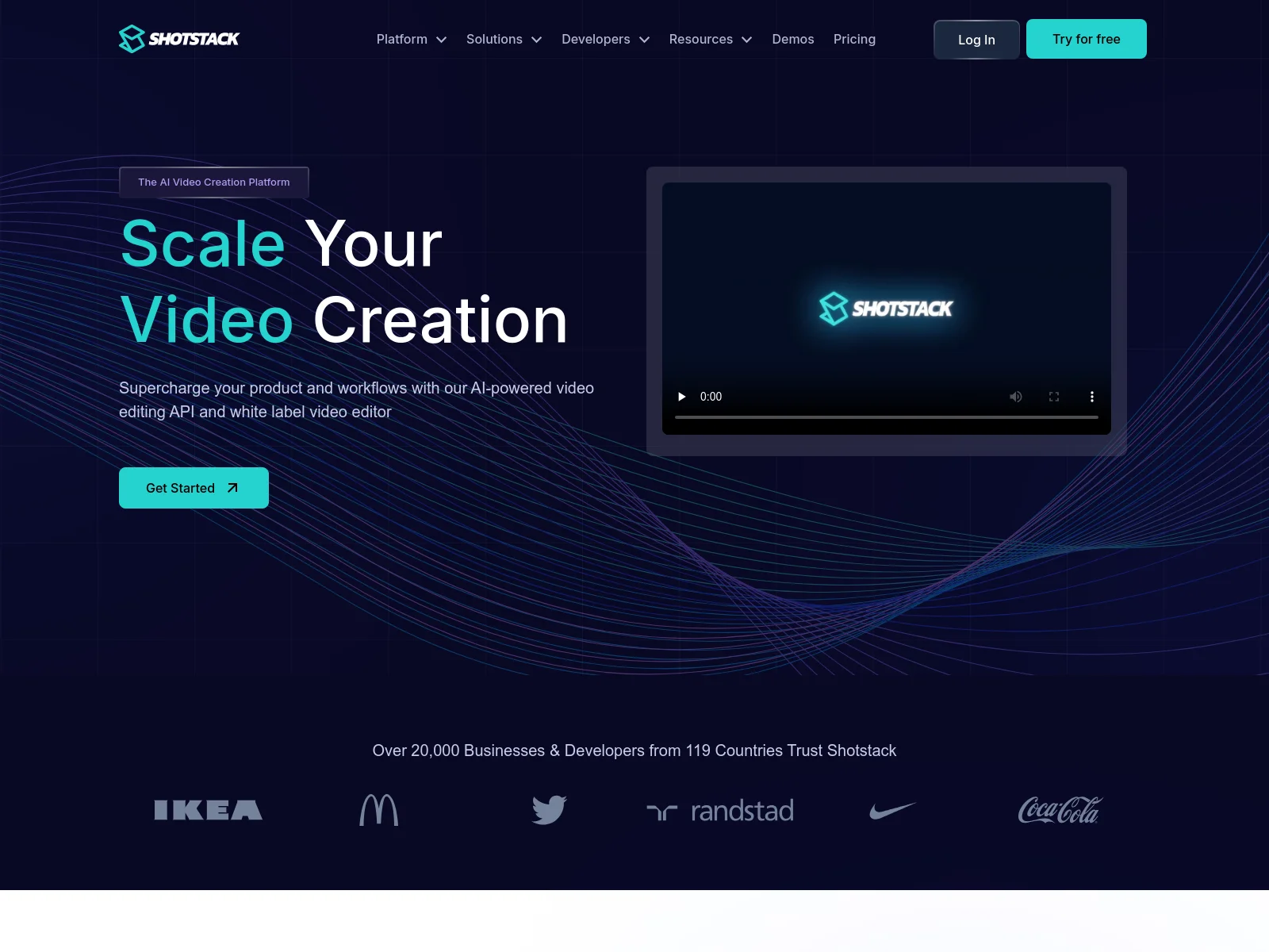 Shotstack homepage showing its AI-powered video editing API and white label editor