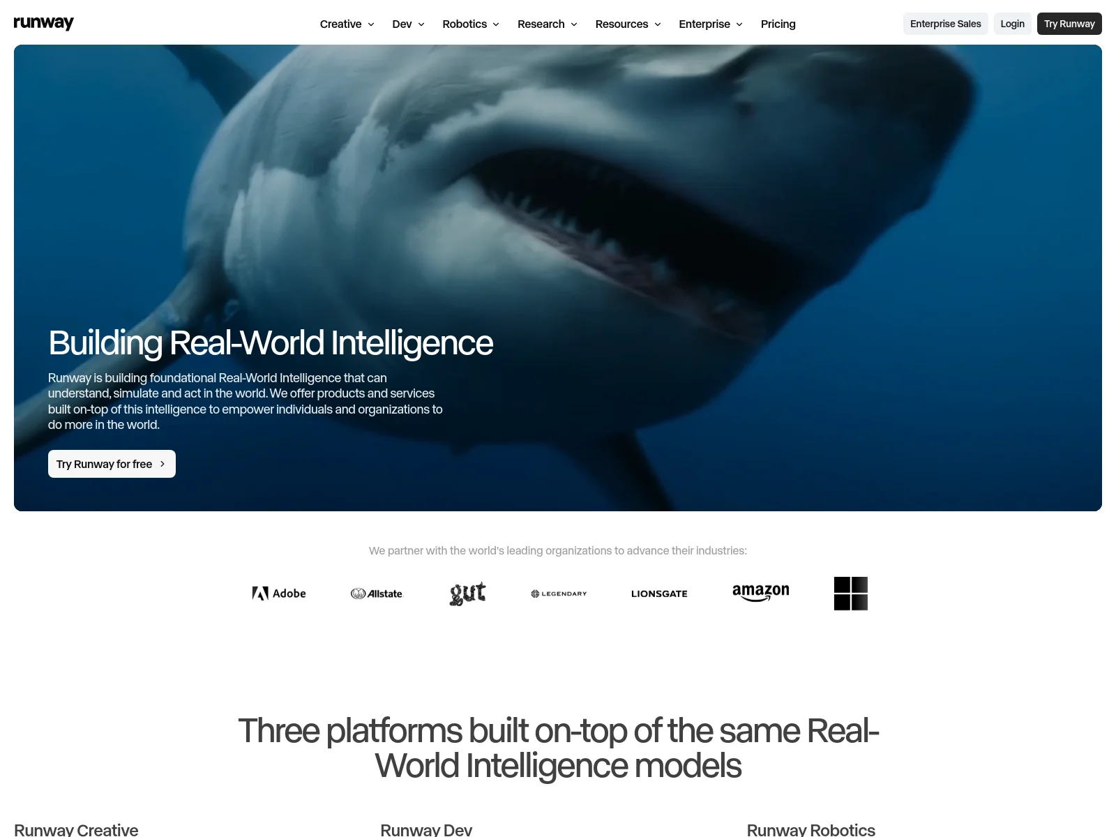 Runway homepage showing its Creative, Dev and Robotics platforms
