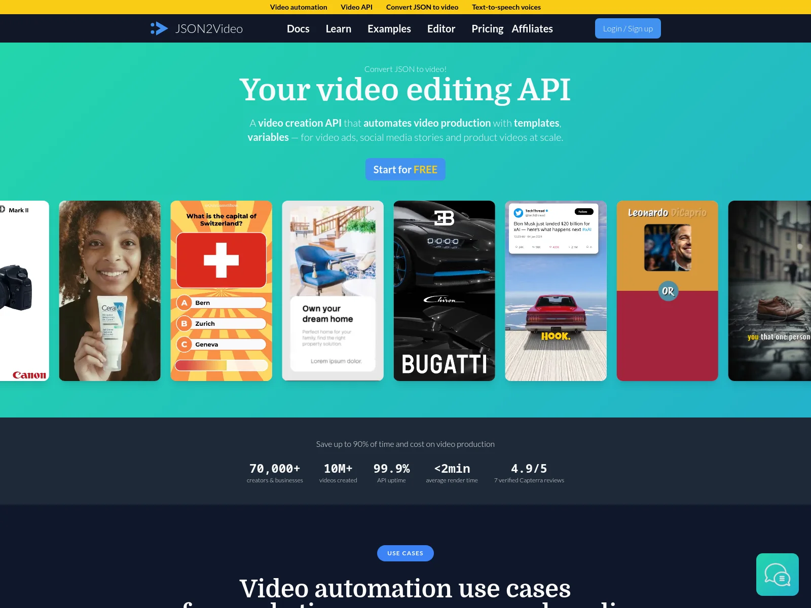JSON2Video homepage showing its video editing API that converts JSON to video