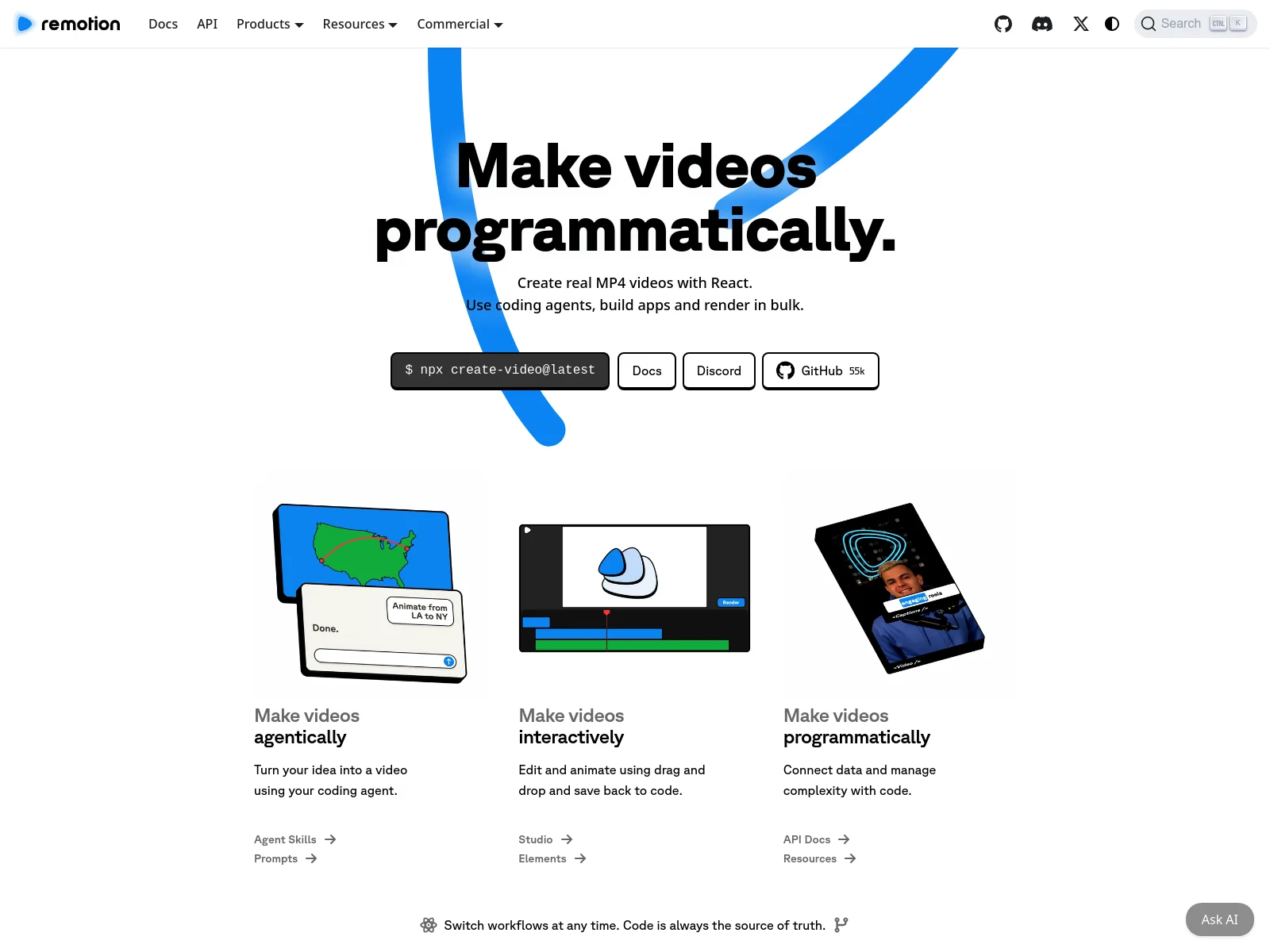 Remotion homepage showing programmatic video creation with React and coding agents