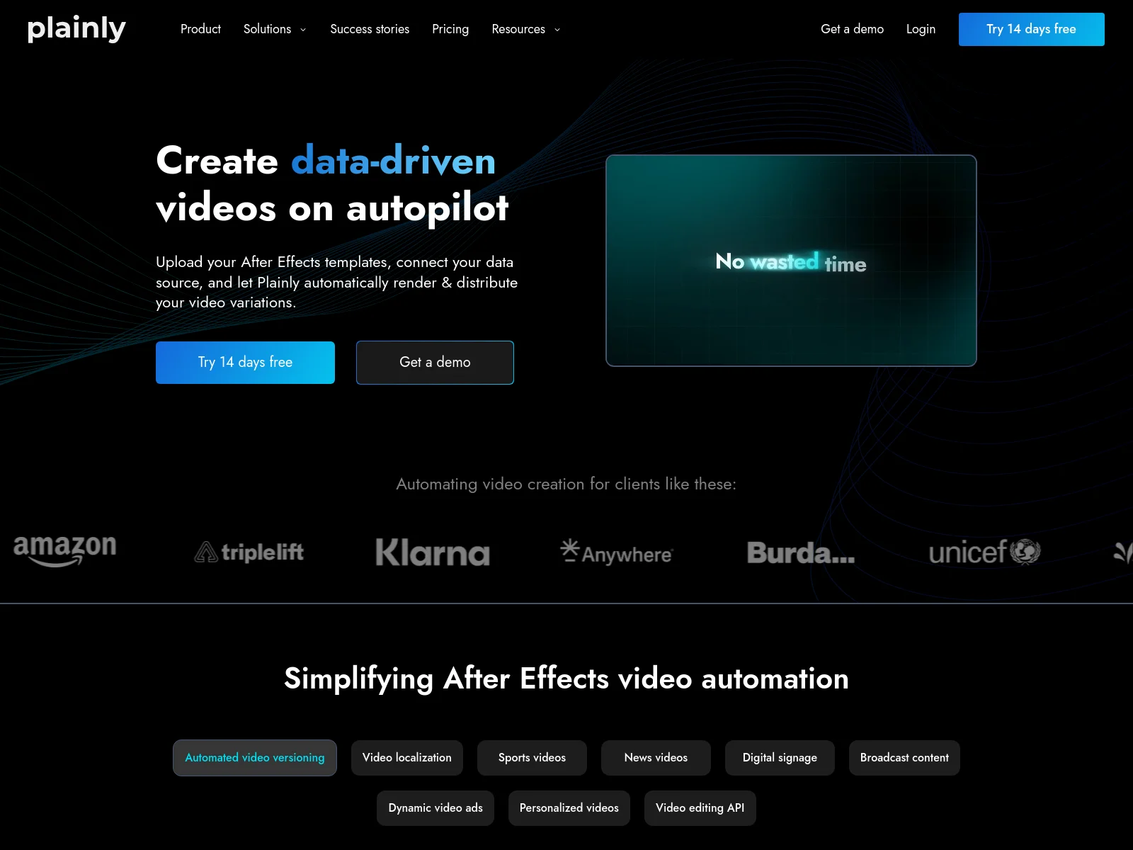 Plainly homepage showing data-driven video rendering from After Effects templates