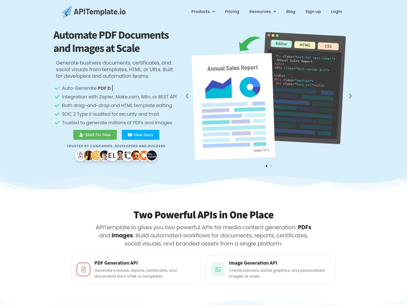 The APITemplate.io homepage — an API to auto-generate PDF documents and images from templates at scale