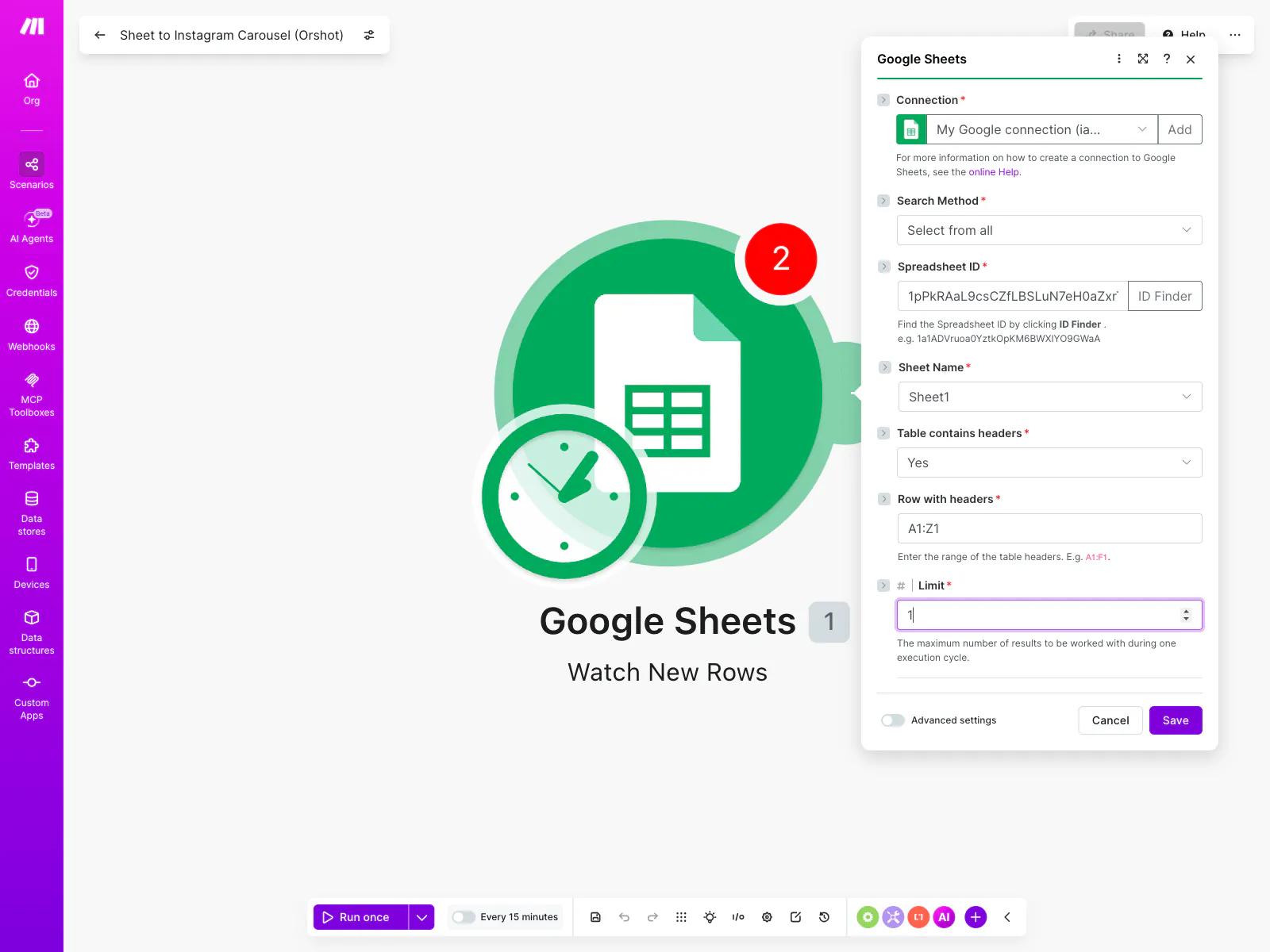 Make Google Sheets trigger configuration with the carousel calendar spreadsheet selected