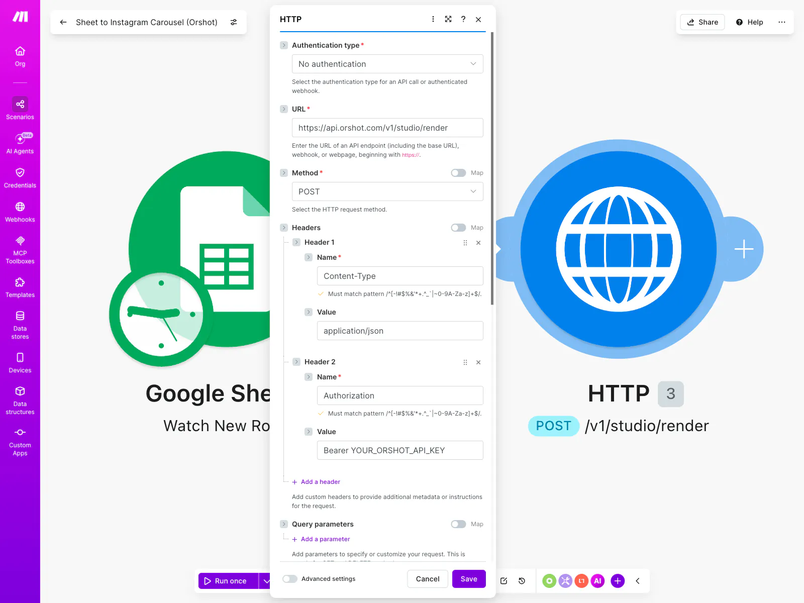 Make HTTP module with the Orshot render endpoint, POST method, and Content-Type plus Authorization headers