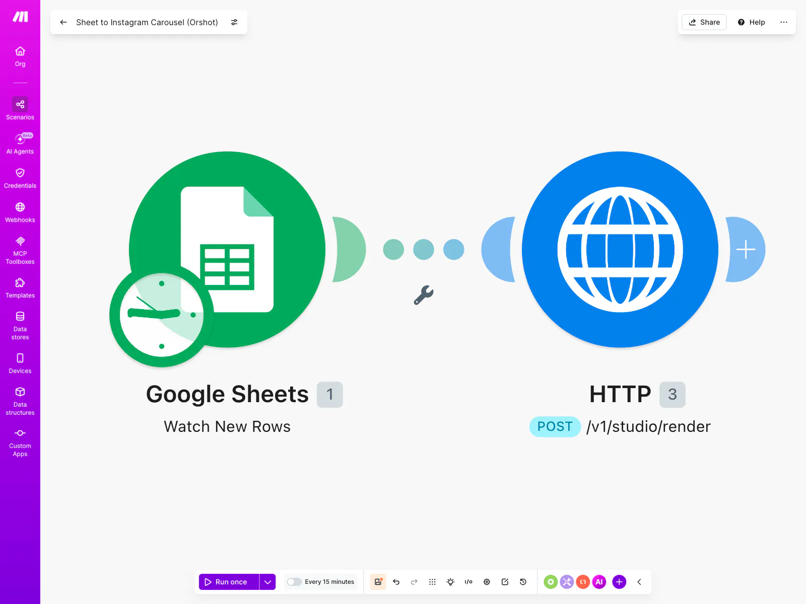 The complete Make scenario: Google Sheets Watch New Rows connected to an HTTP module posting to the Orshot render API