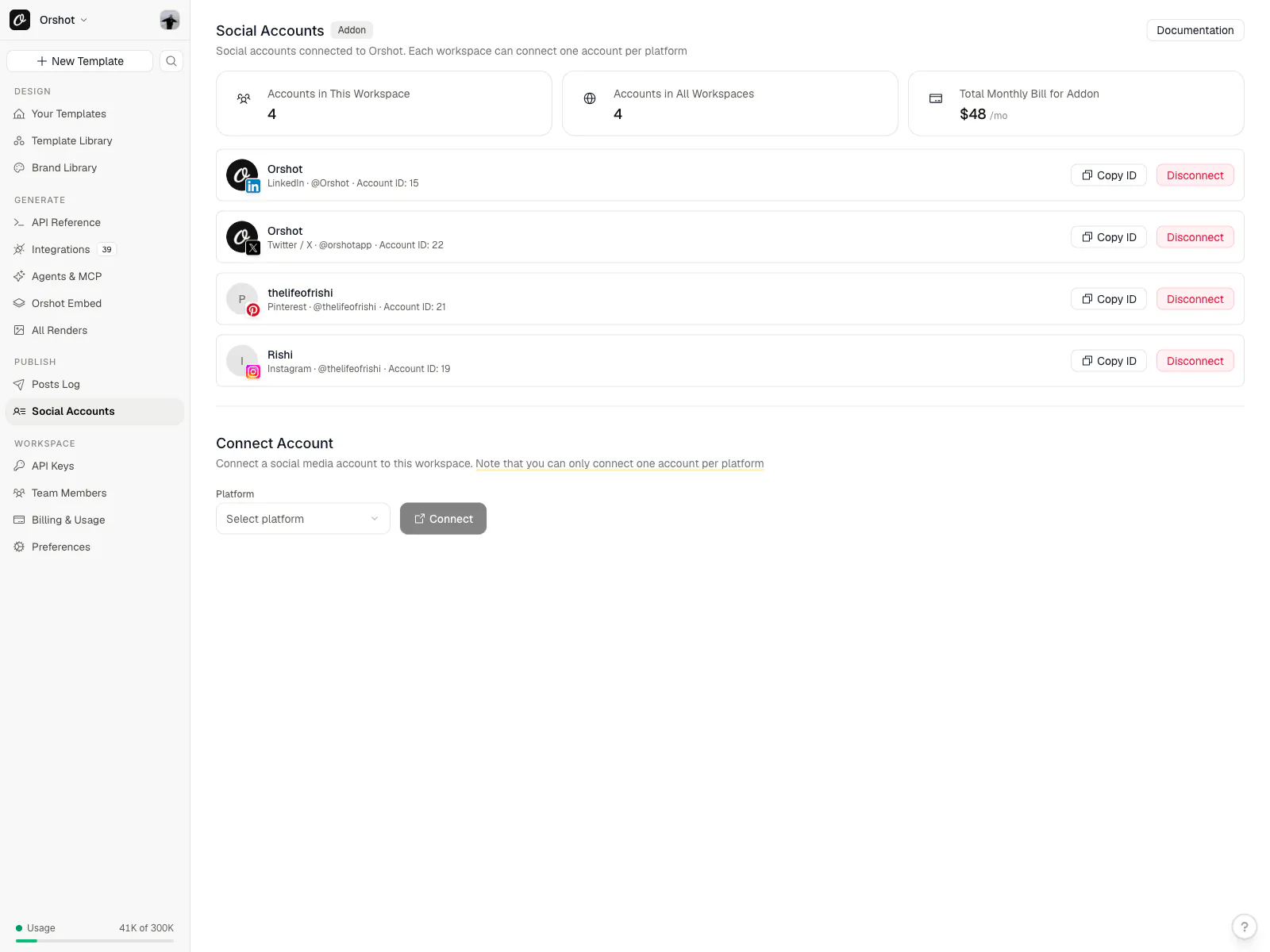Orshot Social Accounts page with connected Instagram, LinkedIn, X and Pinterest accounts, each with a Copy ID button