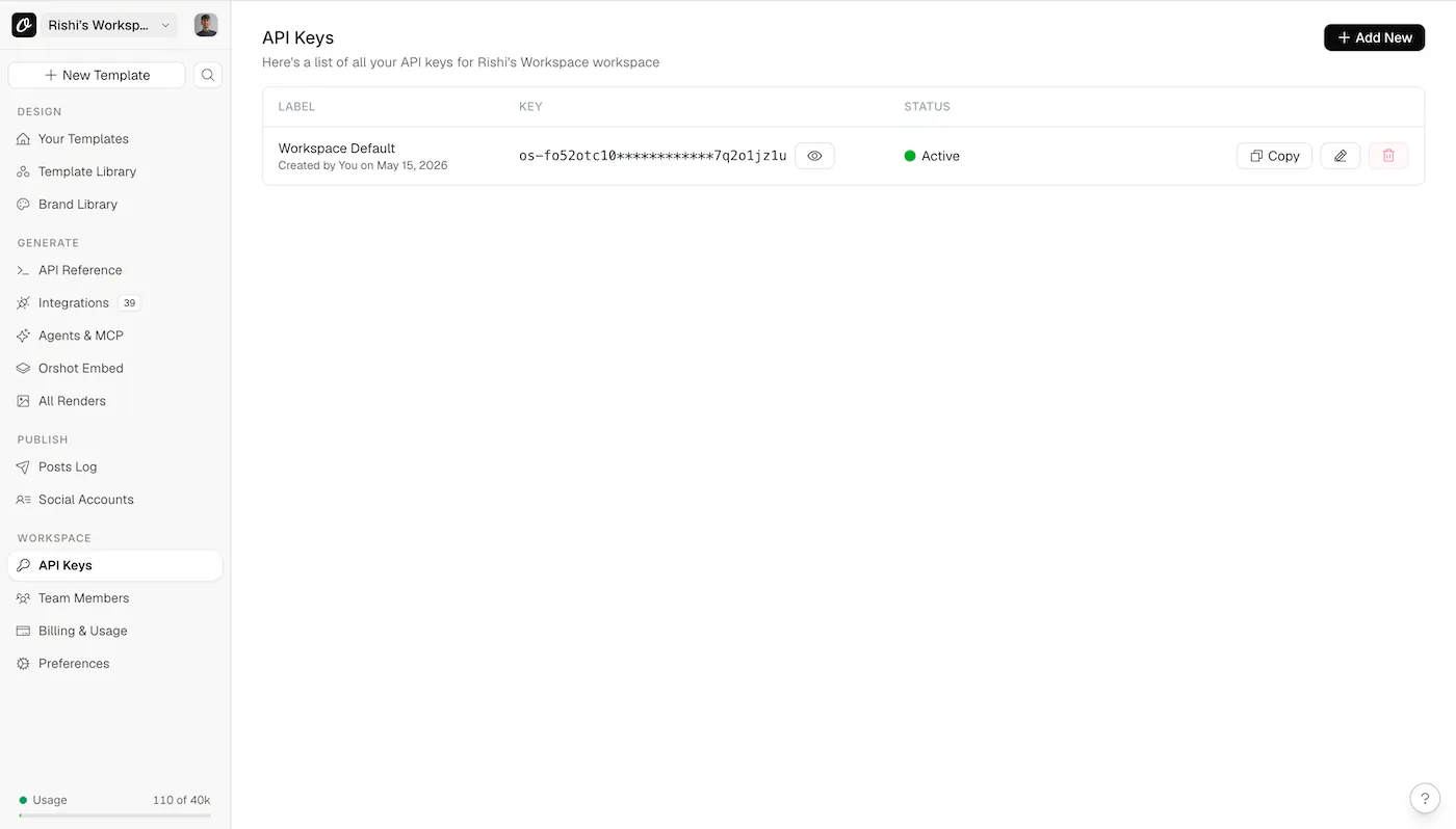 Copying the Orshot API key from workspace settings