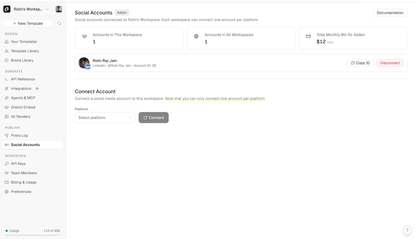 Connected LinkedIn account listed in Orshot social accounts
