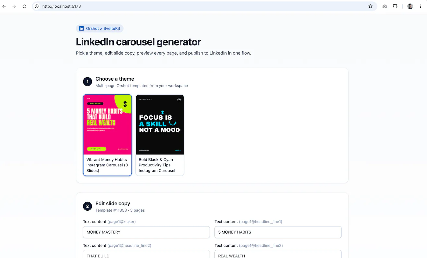 Selecting a carousel template with modification fields populated from the API