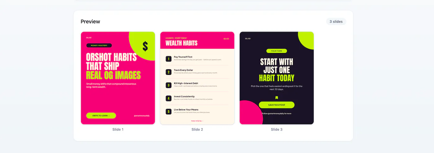 Previewing the rendered carousel slides