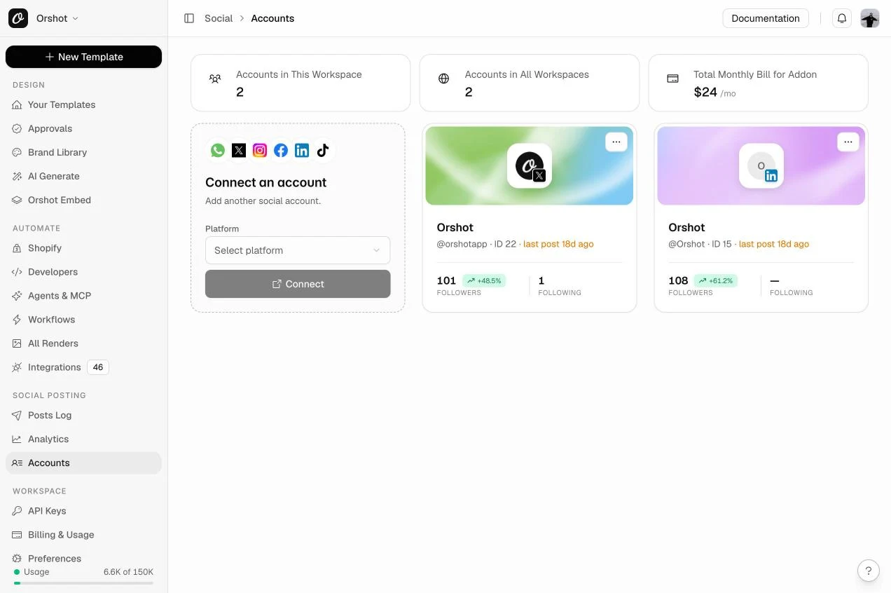 The Social Accounts page in the Orshot workspace with a Connect an account card for WhatsApp, X, Instagram, Facebook, LinkedIn and TikTok, and two connected accounts, X and LinkedIn, with follower counts and ids