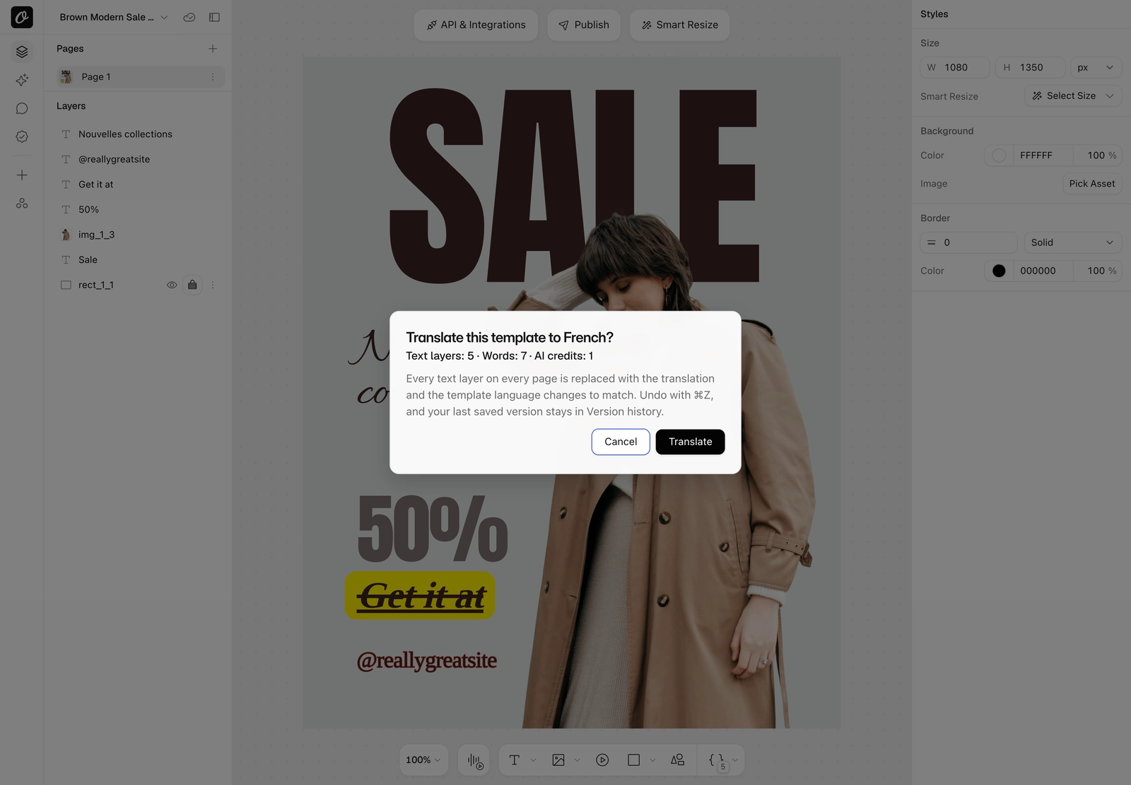 The Translate Template confirm step showing the word count and AI credits