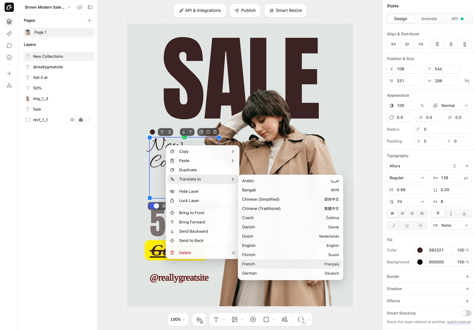 The Translate to menu on a selected text layer in Orshot Studio