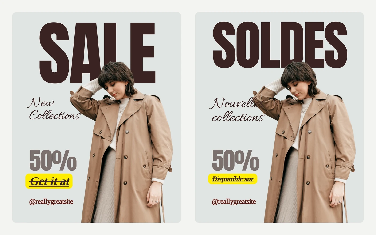 A fashion sale template in English and the same template after Translate Template to French