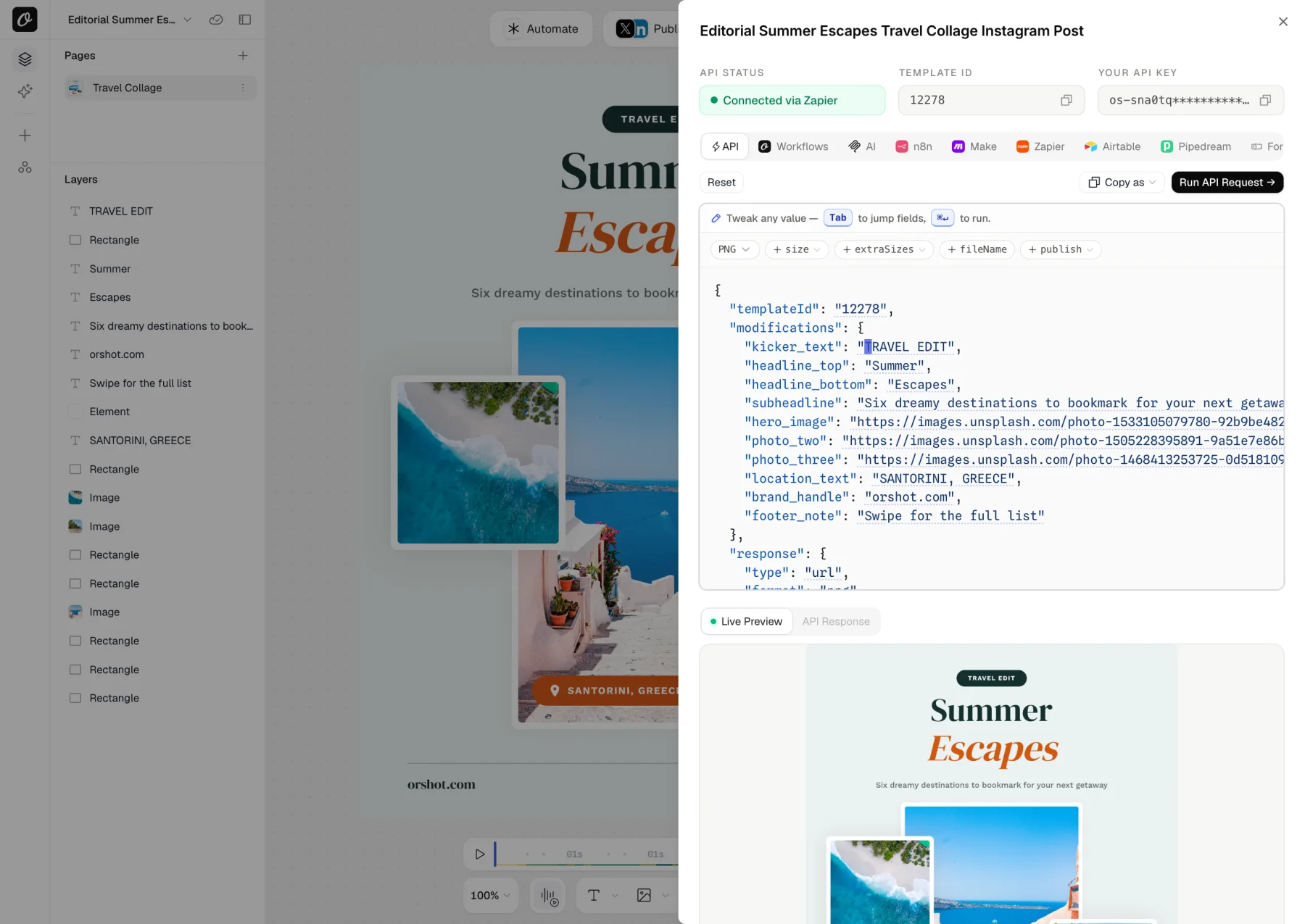 The Orshot connect sheet open beside a template: API status, template ID and API key, tabs for API, Workflows, AI, n8n, Make, Zapier, Airtable and Pipedream, an editable request body, and a live preview